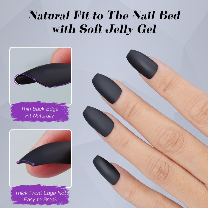 Umillars 24PCS Black Fake Nails Full Cover Press on Short False Nail Art Tips Matte Glossy Medium Stiletto Almond Coffin Ballerina Reusable Acrylic Fingernail for Women Office Lady (Matte Coffin) - Image 4